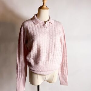 VINTAGE Pastel Pink Angora & Lambswool Pointelle Knit Collared Henley Sweater